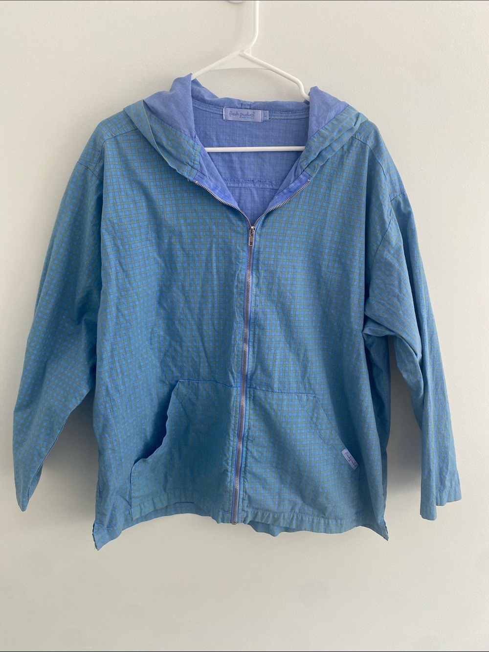 Vtg Fresh Produce Slouchy Hoodie Zip Jacket Blue Green Plaid Periwinkle L